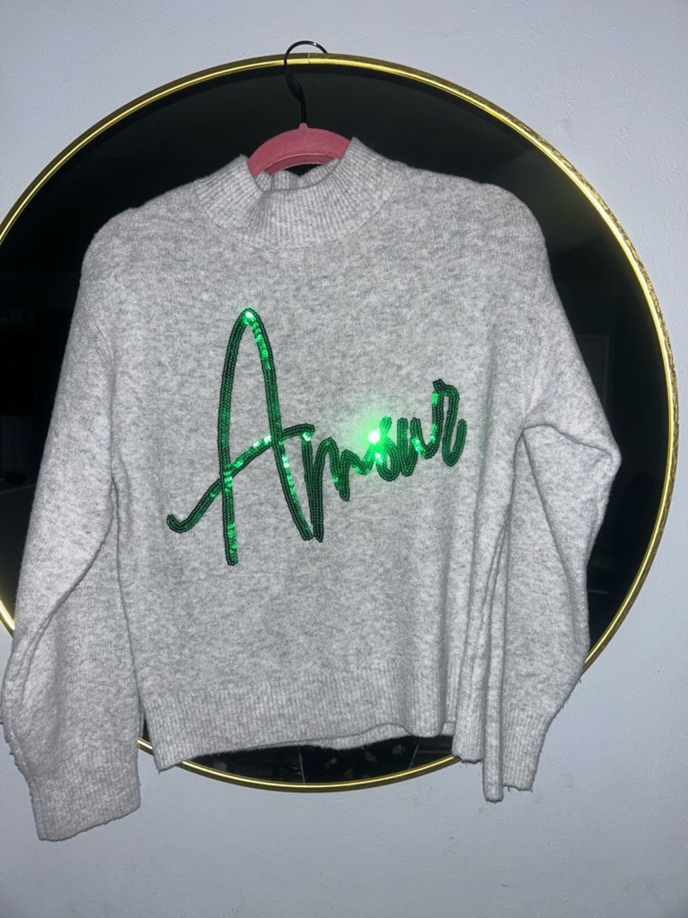 a new day Gray Knit Turtleneck Sweater with Green Sequin Script